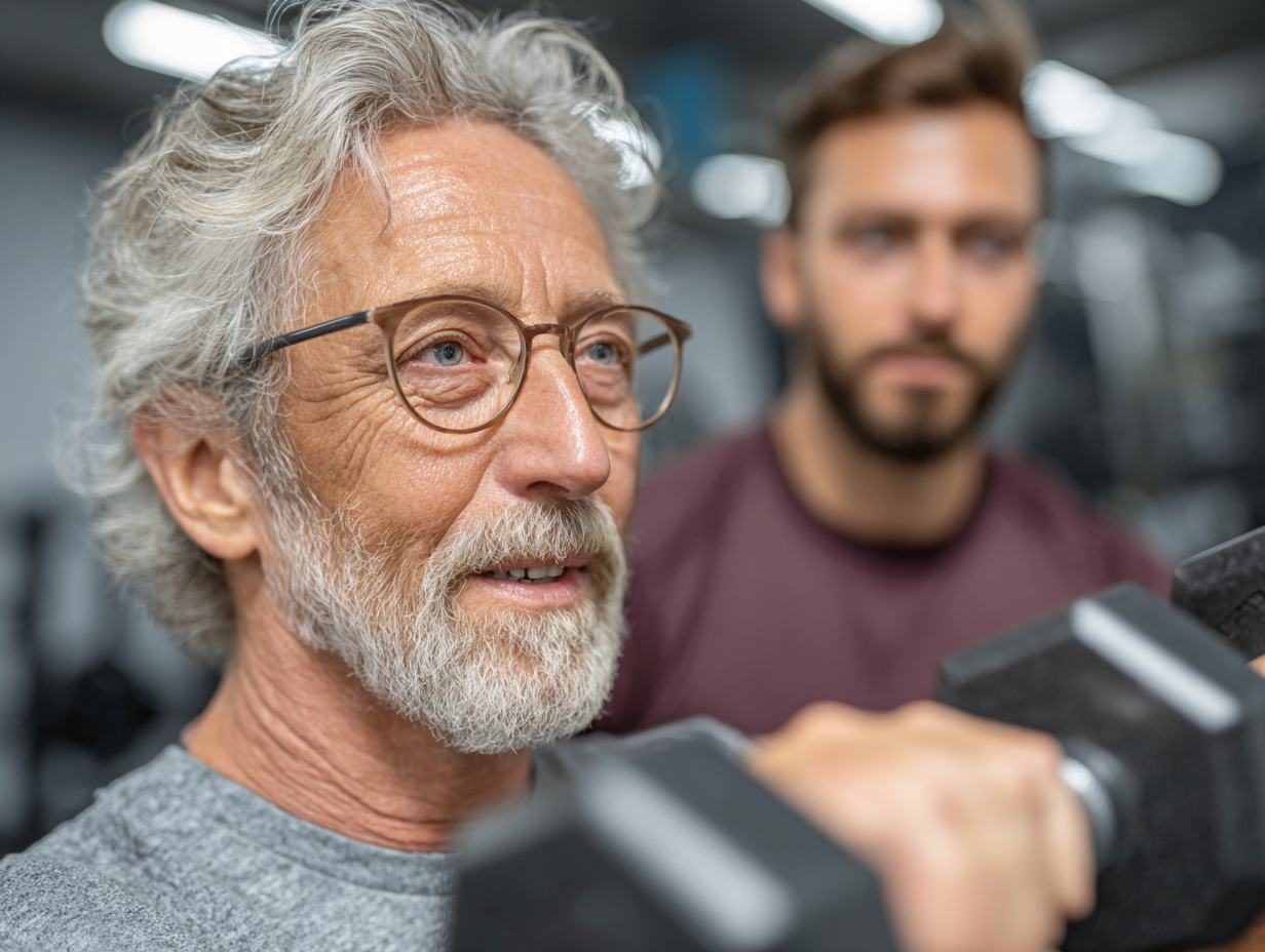 Група активних людей старшого віку виконує вправи